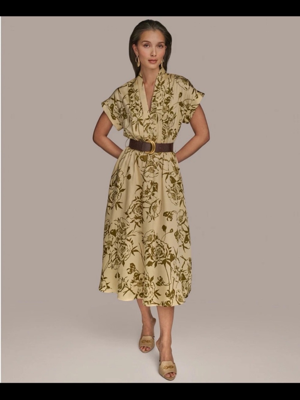 Donna Karan Midi Dress with Olive Print Size 8